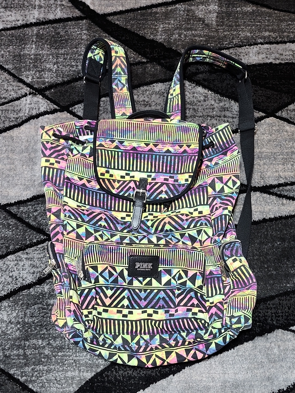 VINTAGE VS PINK 2013 NEON RAINBOW AZTEC CANVAS FAUX-LEATHER CINCH BACKPACK